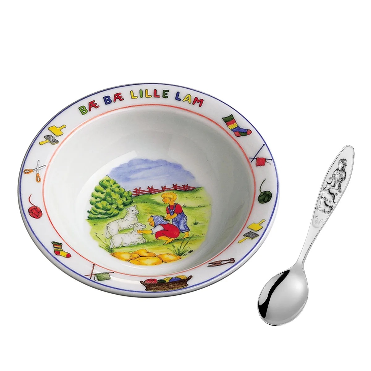 BÆ BÆ LILLE LAM GRØTSKÅL OG BARNESKJE GUTT