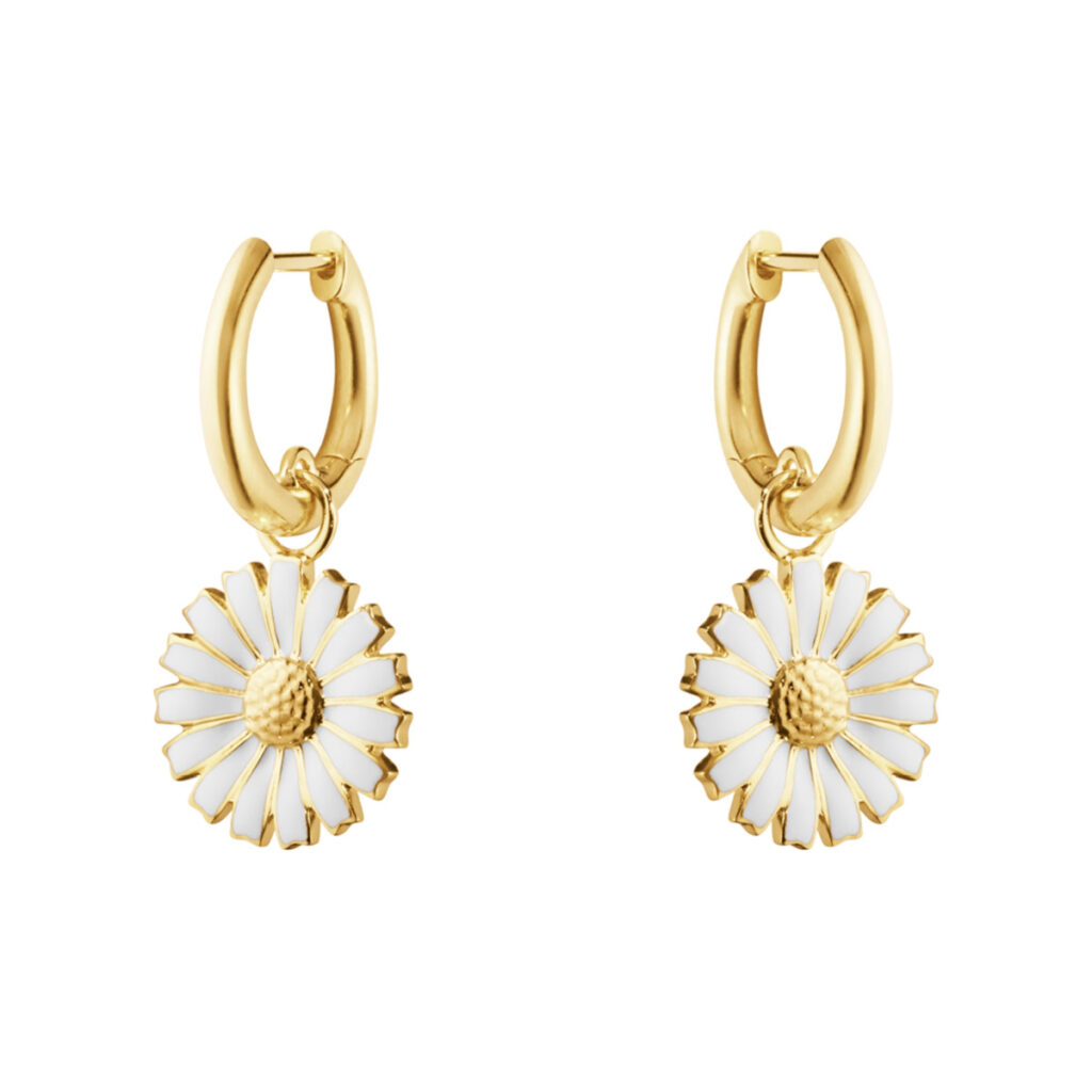 GEORG JENSEN ØREDOBBER MED HENG DAISY HVIT EMALJE OG FORGYLT SØLV